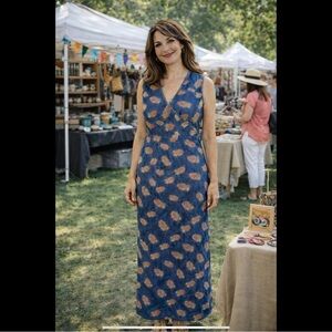 Vintage Birds of a Feather Printed Denim Sleeveless Maxi Dress Crisscross Bodice